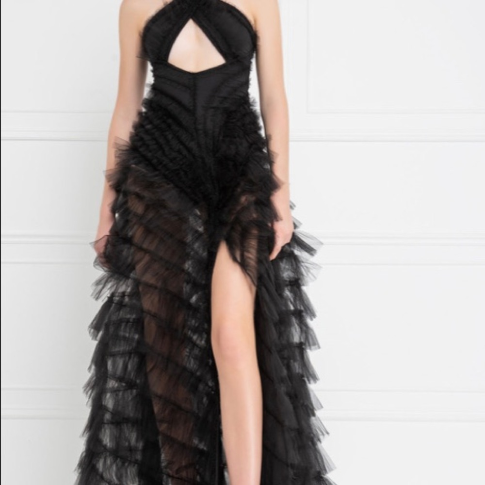 Kikiriki black tiered-ruffle mesh maxi dress, sz medium